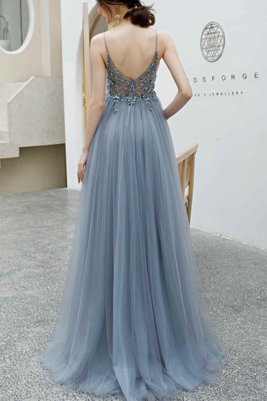 Blue A-line Tulle Formal Evening Dress