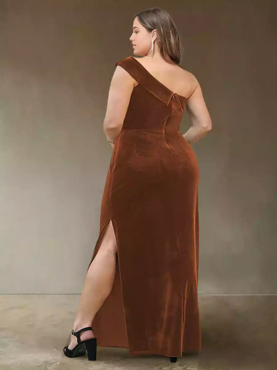Full of charm, one shoulder sleeveless velvet plus size side slit, Mother of the Bride Dresses