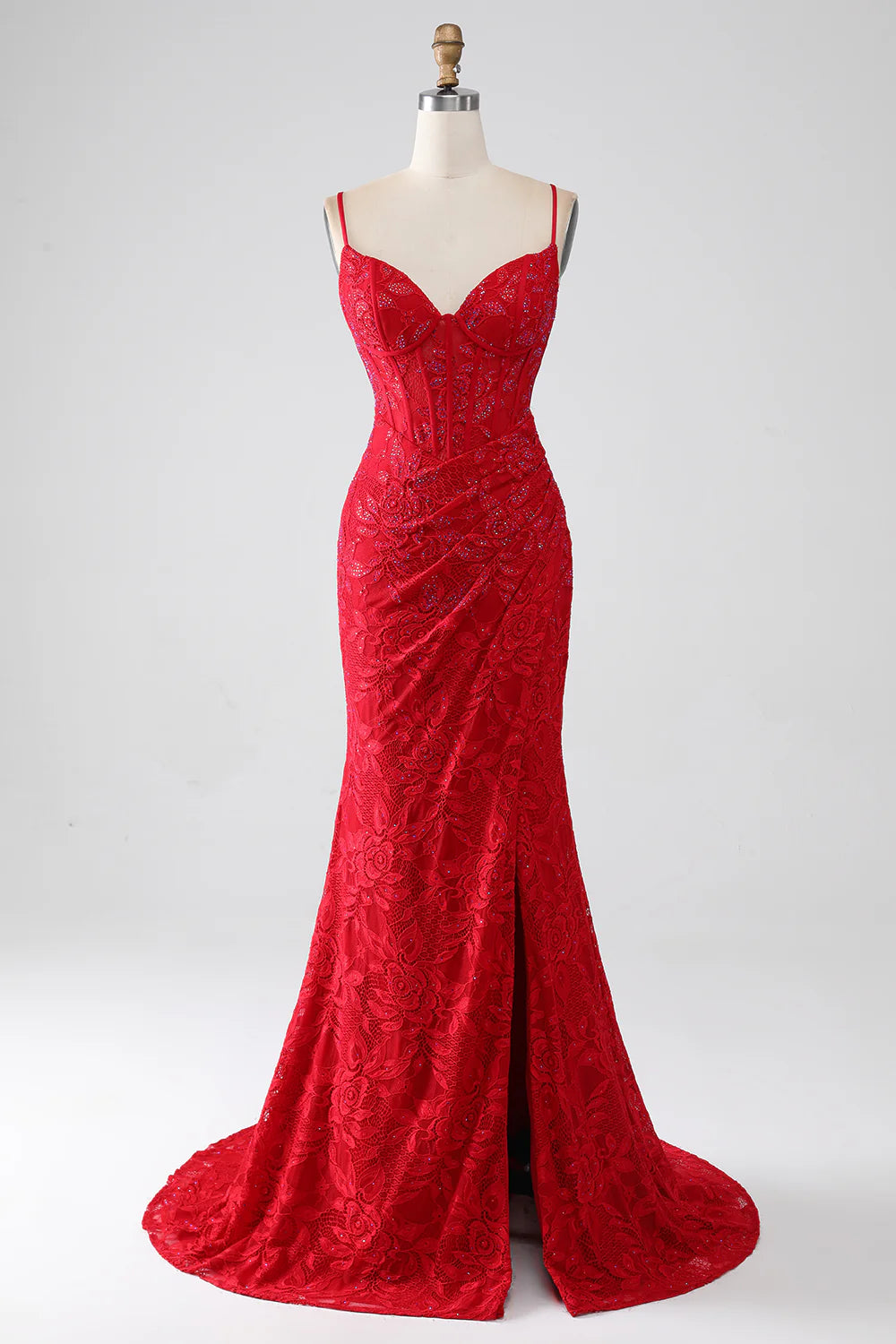 Red Mermaid Italian Noodle Sexy Strap Beaded Lace Sticker Split Ball Dress