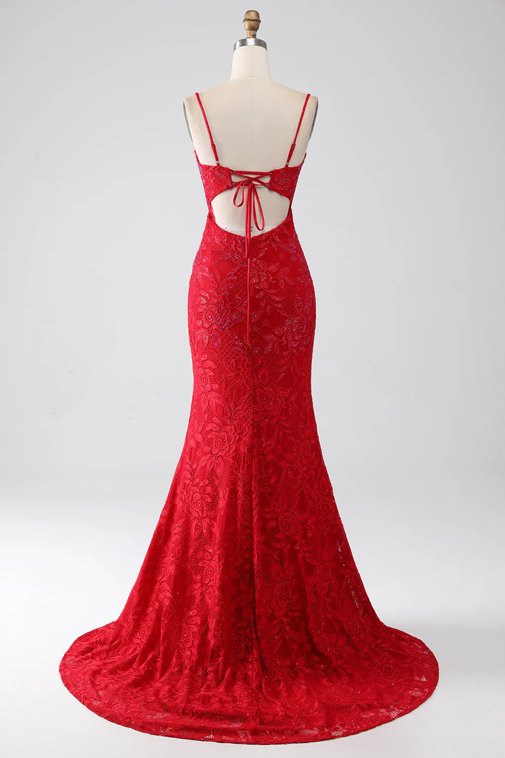 Red Mermaid Italian Noodle Sexy Strap Beaded Lace Sticker Split Ball Dress