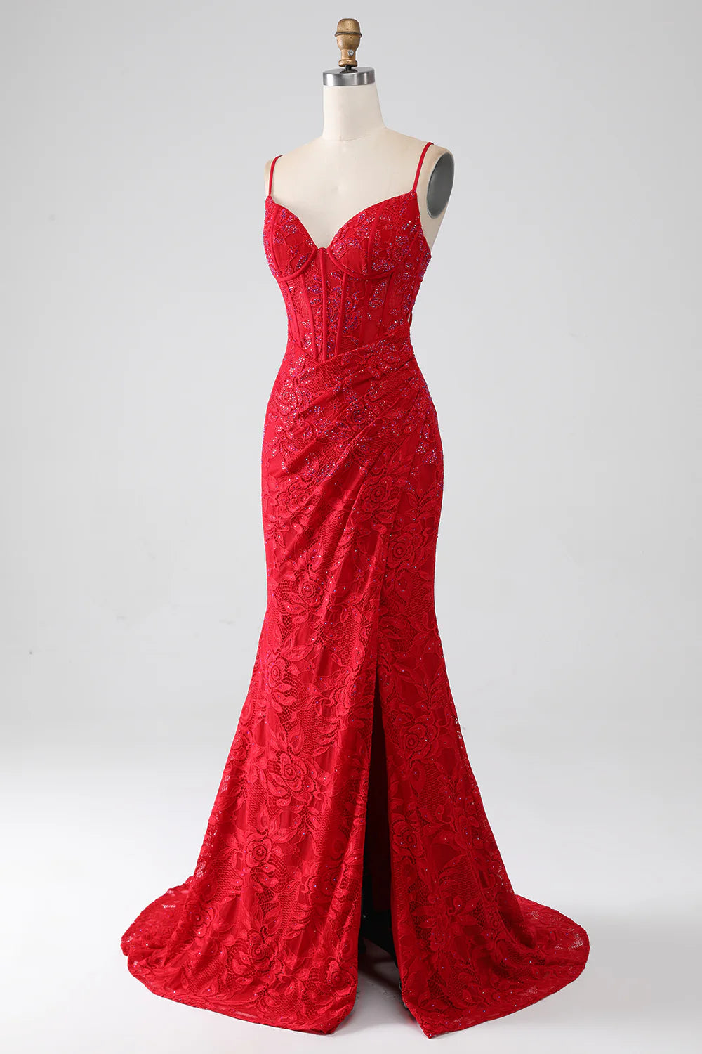 Red Mermaid Italian Noodle Sexy Strap Beaded Lace Sticker Split Ball Dress