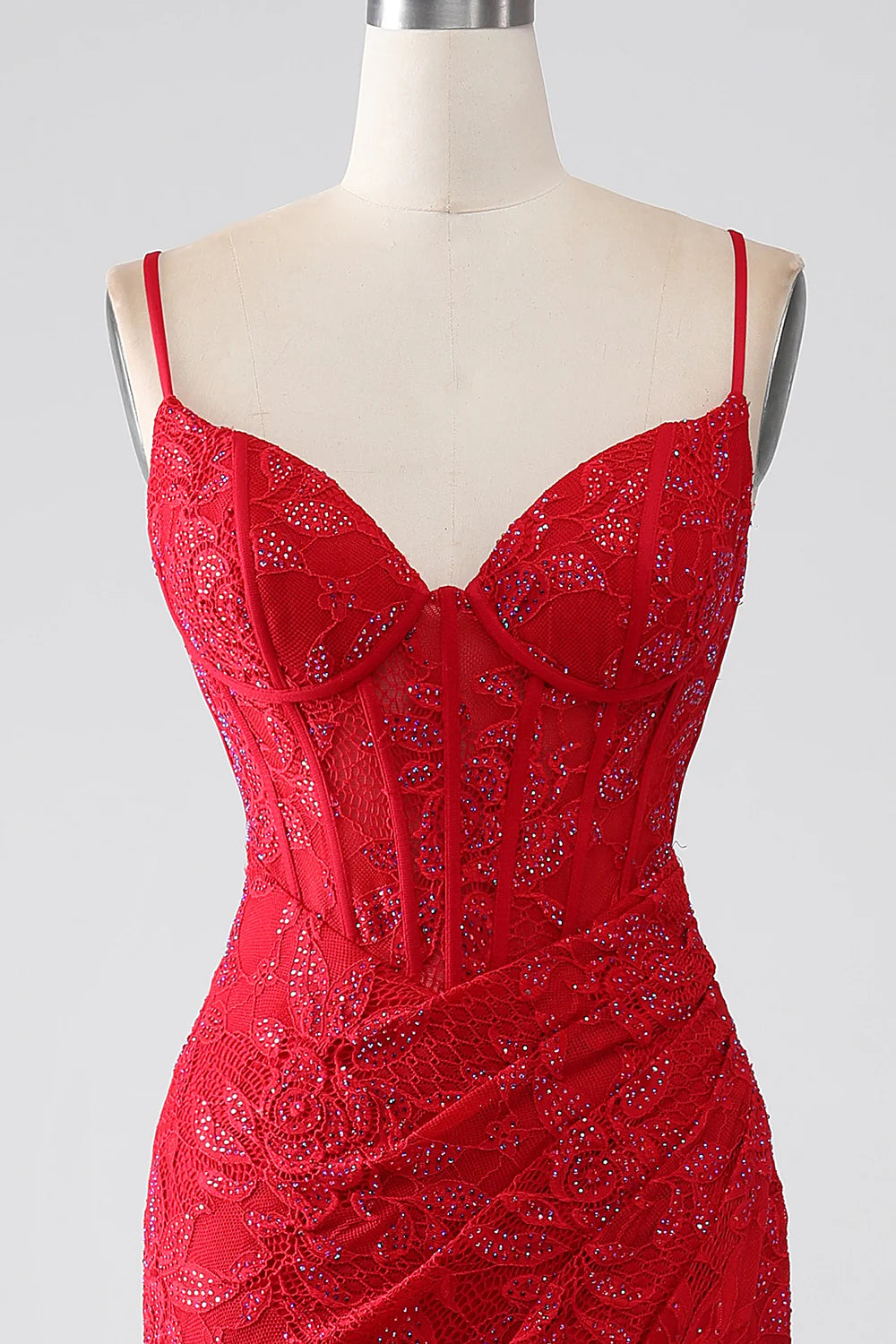 Red Mermaid Italian Noodle Sexy Strap Beaded Lace Sticker Split Ball Dress