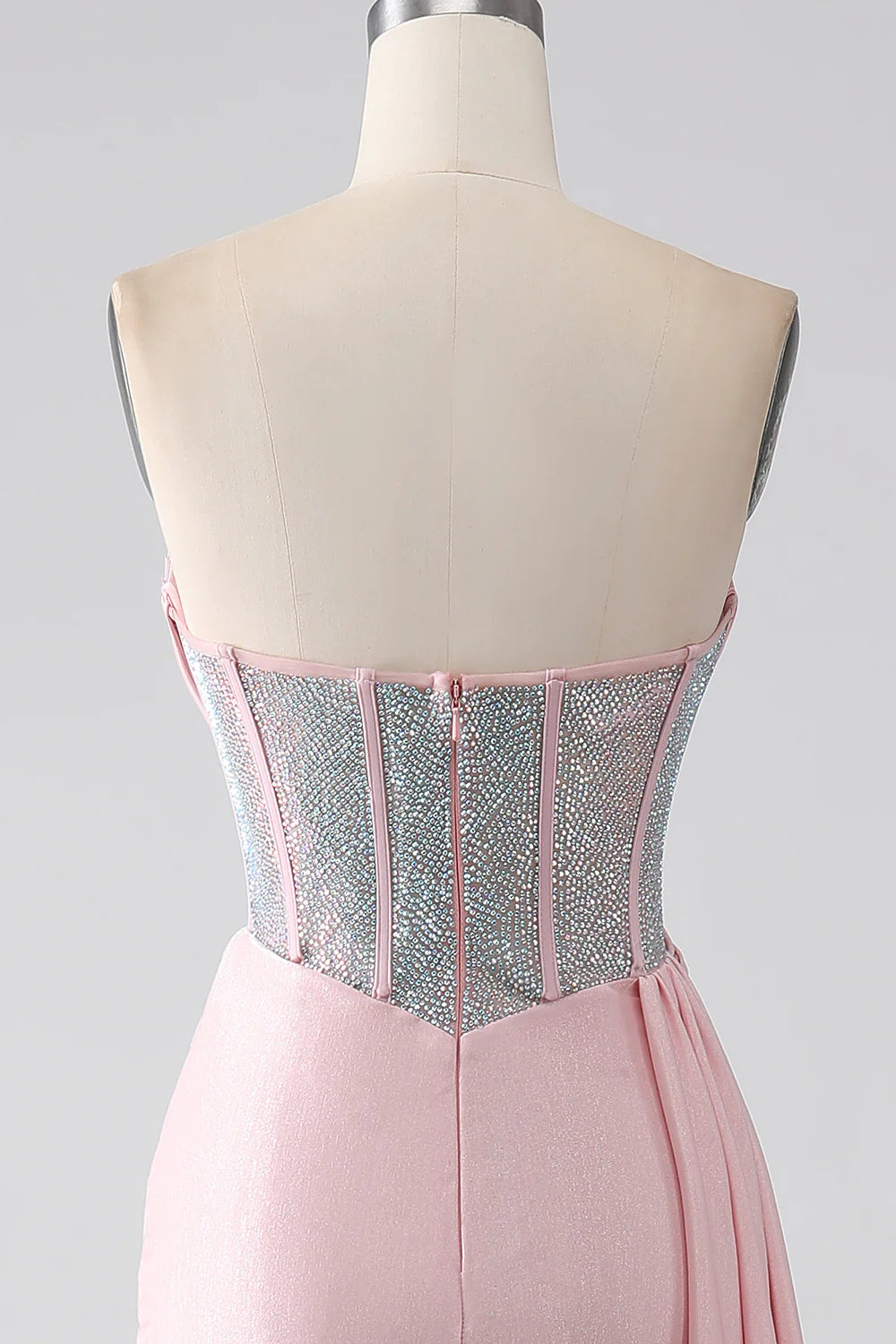Pink mermaid sexy strapless beaded pleated long ball dress with high slit