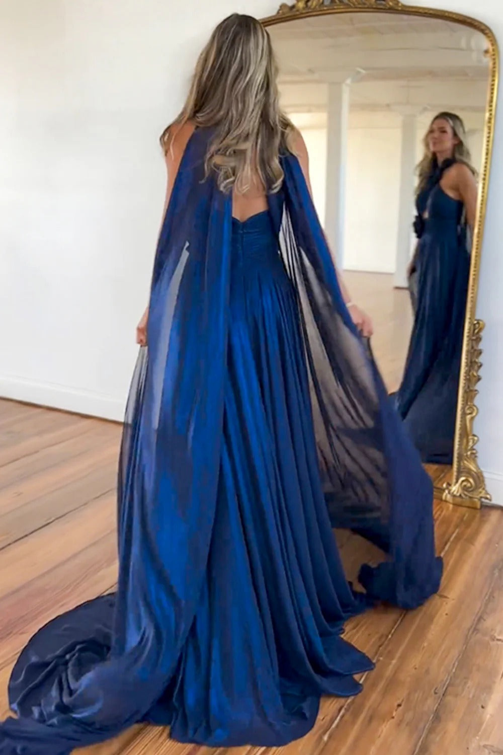 Glamorous Navy Blue Prom Dresses with Halter Floral Applique and Cape Train