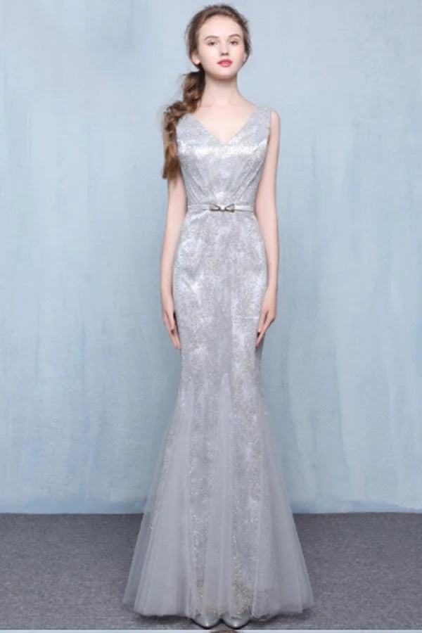 Gold sequin V-neck Mermaid elegant tulle sleeveless gown with belt bow