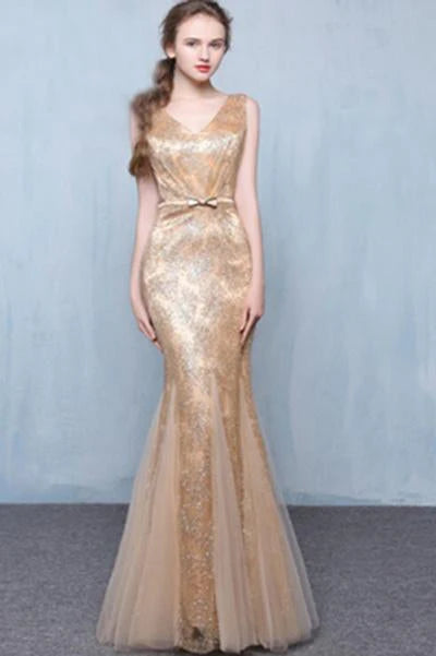 Gold sequin V-neck Mermaid elegant tulle sleeveless gown with belt bow