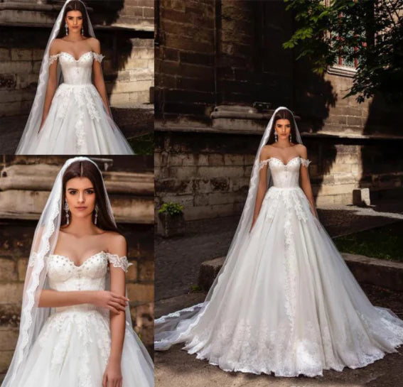 Gorgeous and Elegant Off the Shoulder Sweeping Tail Lace Back Tulle Embroidered Wedding Dress
