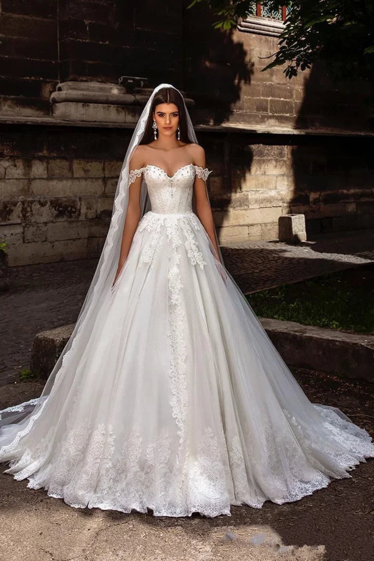 Gorgeous and Elegant Off the Shoulder Sweeping Tail Lace Back Tulle Embroidered Wedding Dress