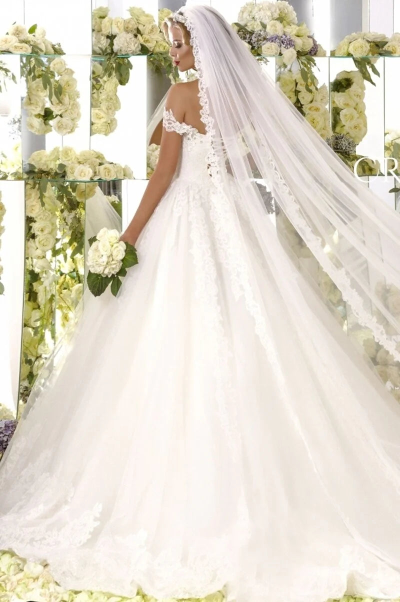 Gorgeous and Elegant Off the Shoulder Sweeping Tail Lace Back Tulle Embroidered Wedding Dress