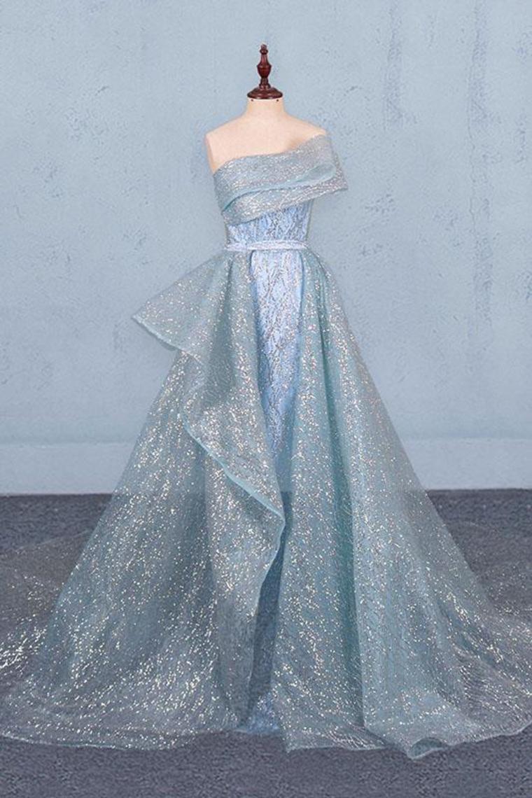Gorgeous strapless fluffy ball glitter sheath evening dress with detachable hem
