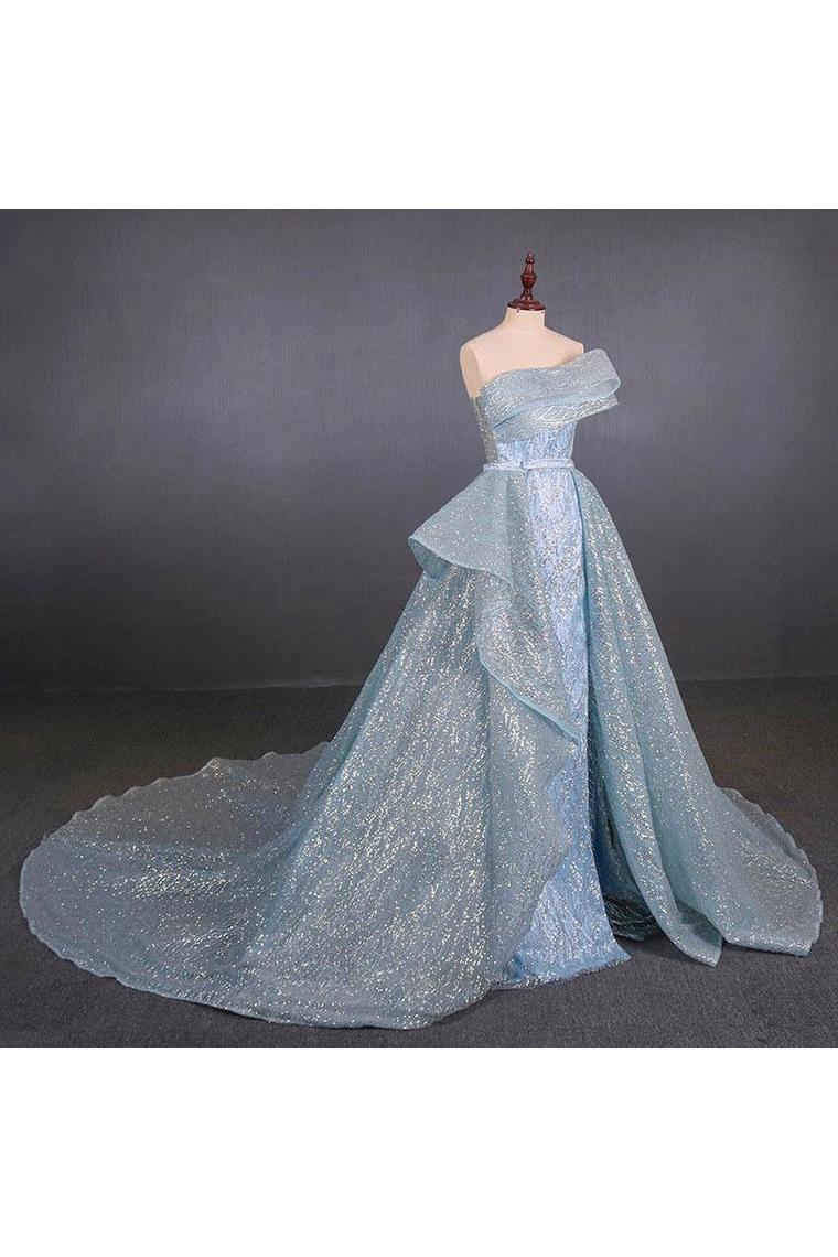 Gorgeous strapless fluffy ball glitter sheath evening dress with detachable hem