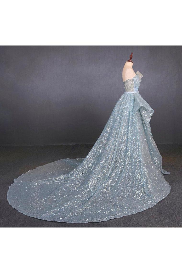 Gorgeous strapless fluffy ball glitter sheath evening dress with detachable hem