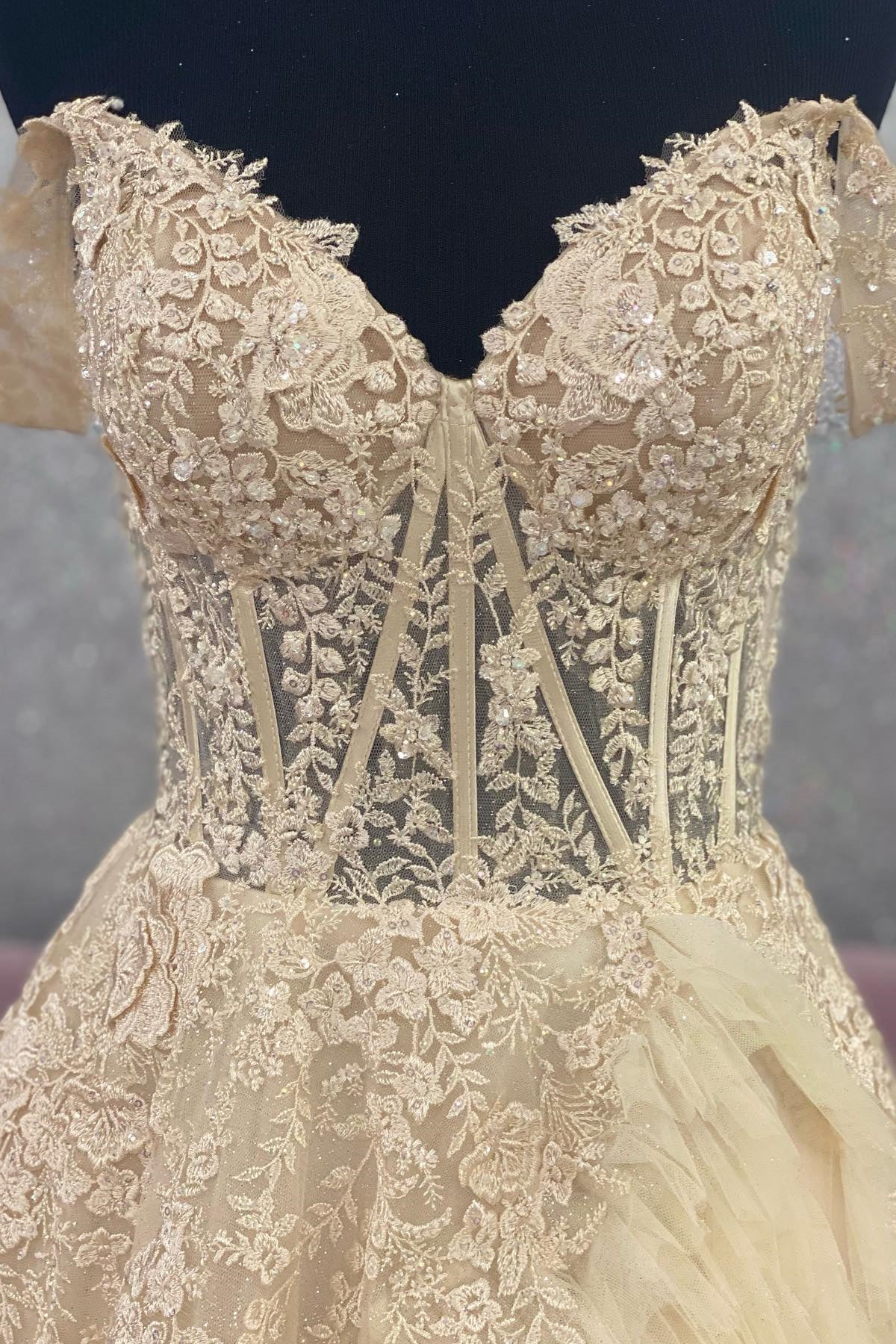 Gorgeous and elegant sheer layered off shoulder gradient formal dance dress