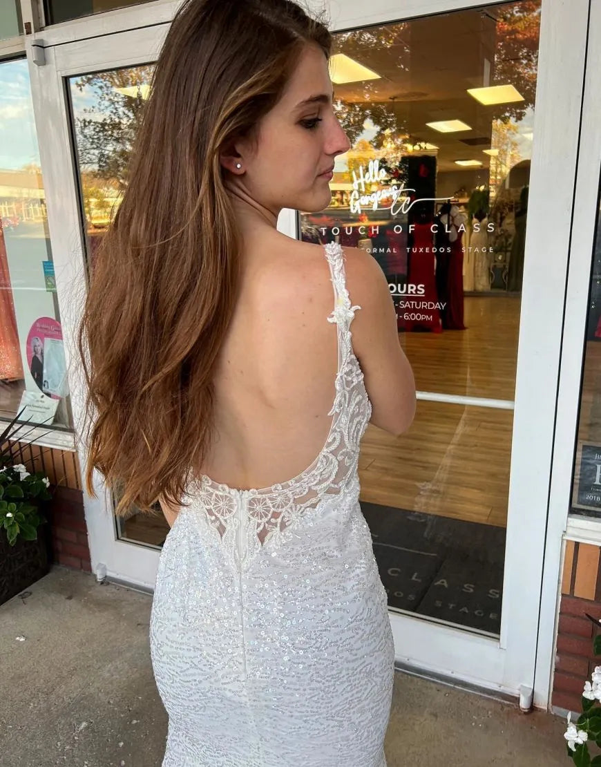 Gorgeous and beautiful slim fit mermaid church train open sequin wedding dress