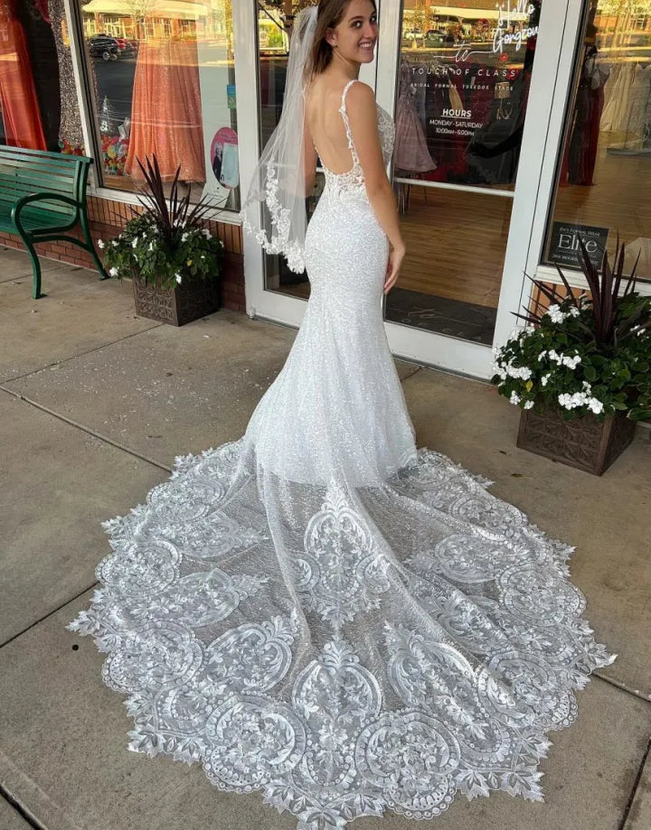 Gorgeous and beautiful slim fit mermaid church train open sequin wedding dress