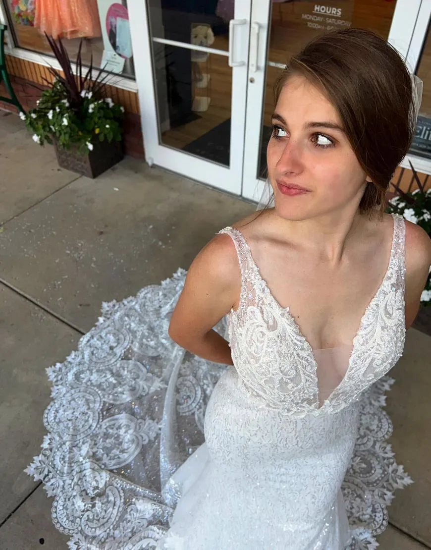 Gorgeous and beautiful slim fit mermaid church train open sequin wedding dress
