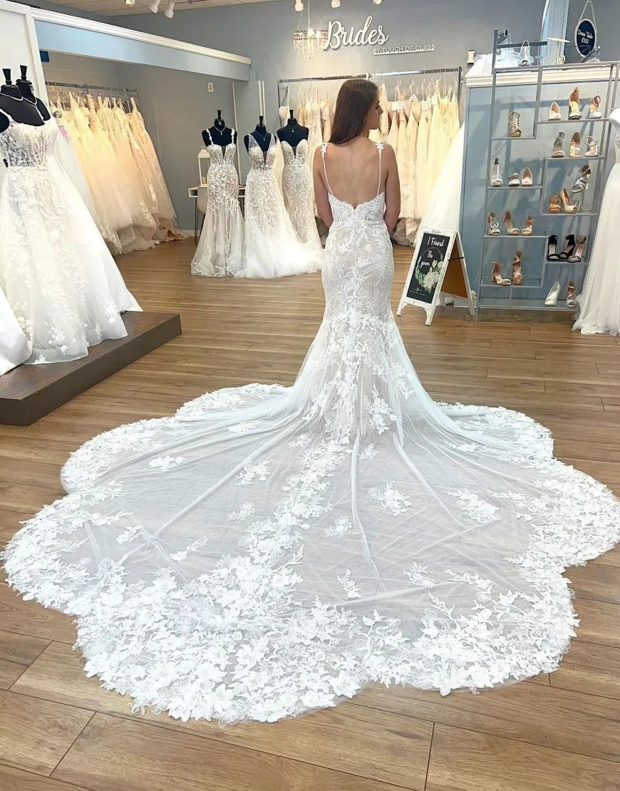 Gorgeous and Elegant Mermaid Italian Noodle Strap Flower shaped Wedding Dress
