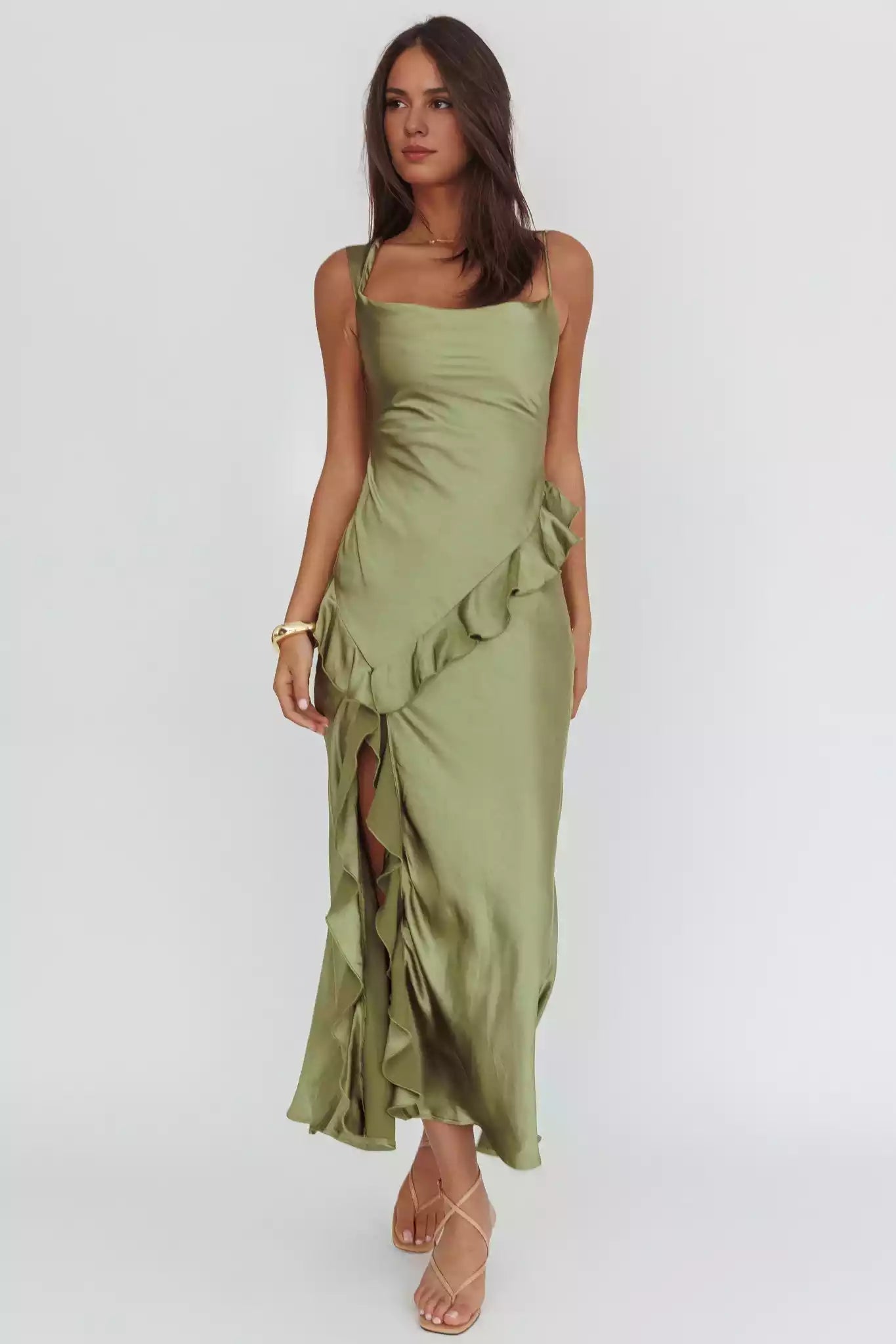 Gorgeous asymmetrical neckline lined with ruffled floral prints and side zippers Bridesmaid Dresses