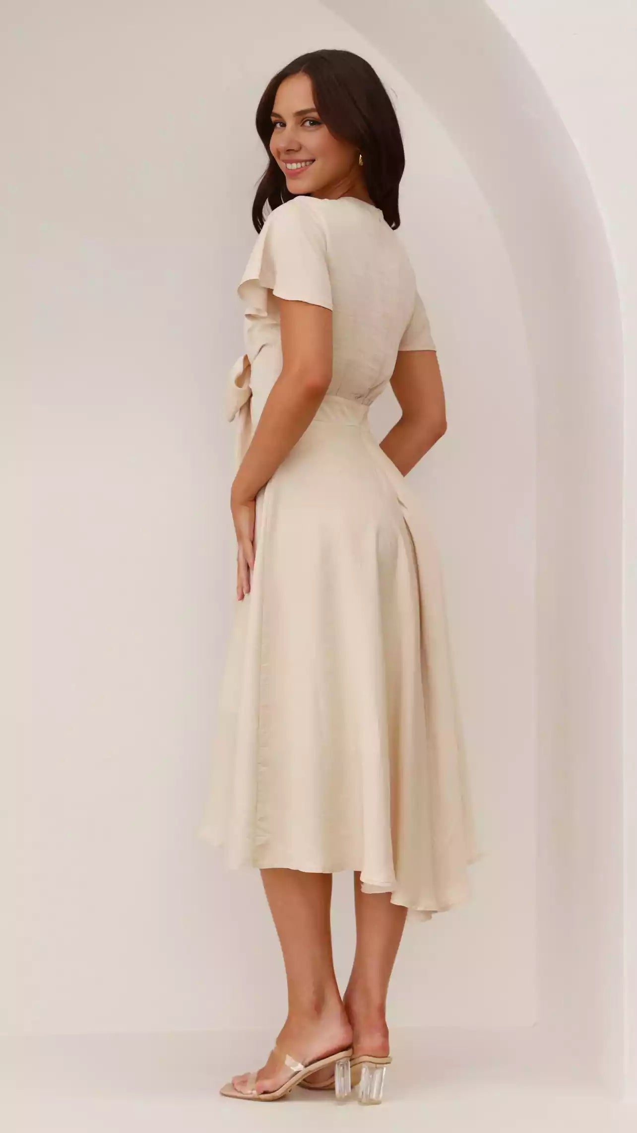 Gorgeous butterfly sleeves, satin flowing skirt, cinched waist, hidden zipper on the back, Prom Dresses