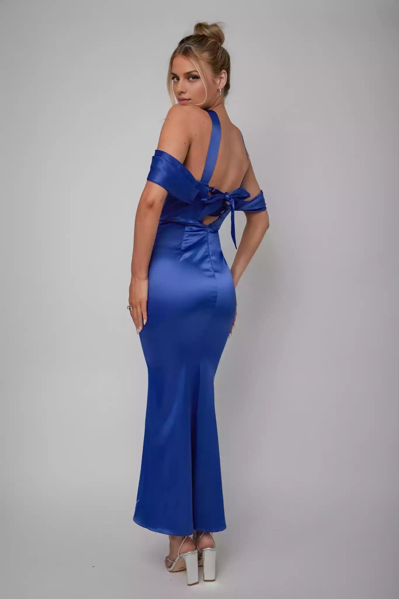 Gorgeous mid length lining hanging off shoulder, lace up back with zipper, Bridesmaid Dresses