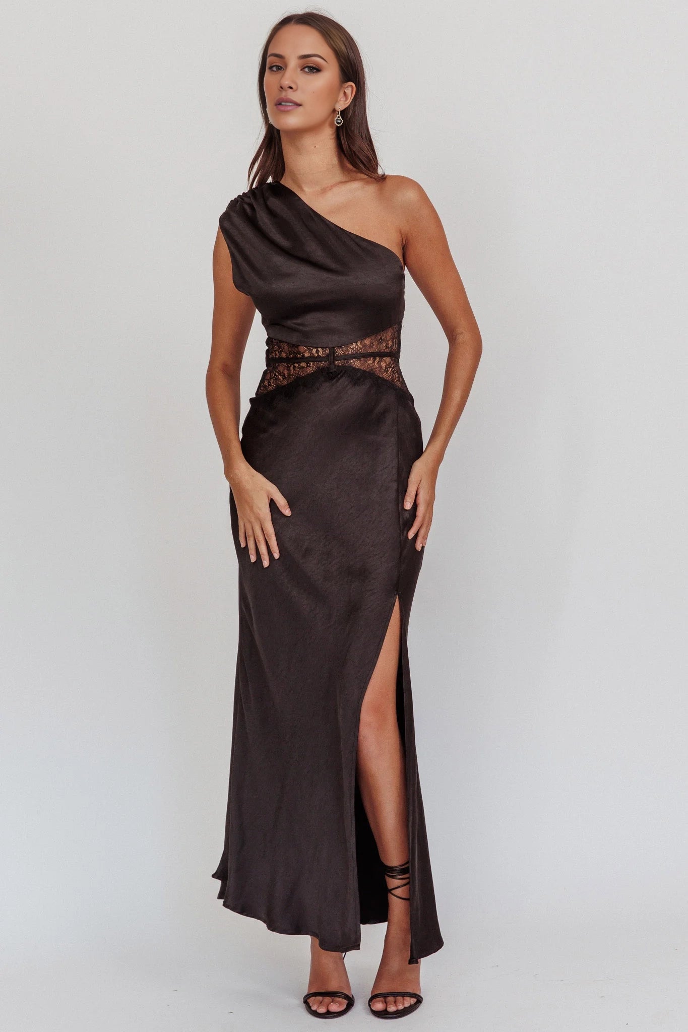 Gorgeous one shoulder extra long shoulder pleat adjustable thin shoulder strap lace waist belt with side leg slits bridesmaid dress