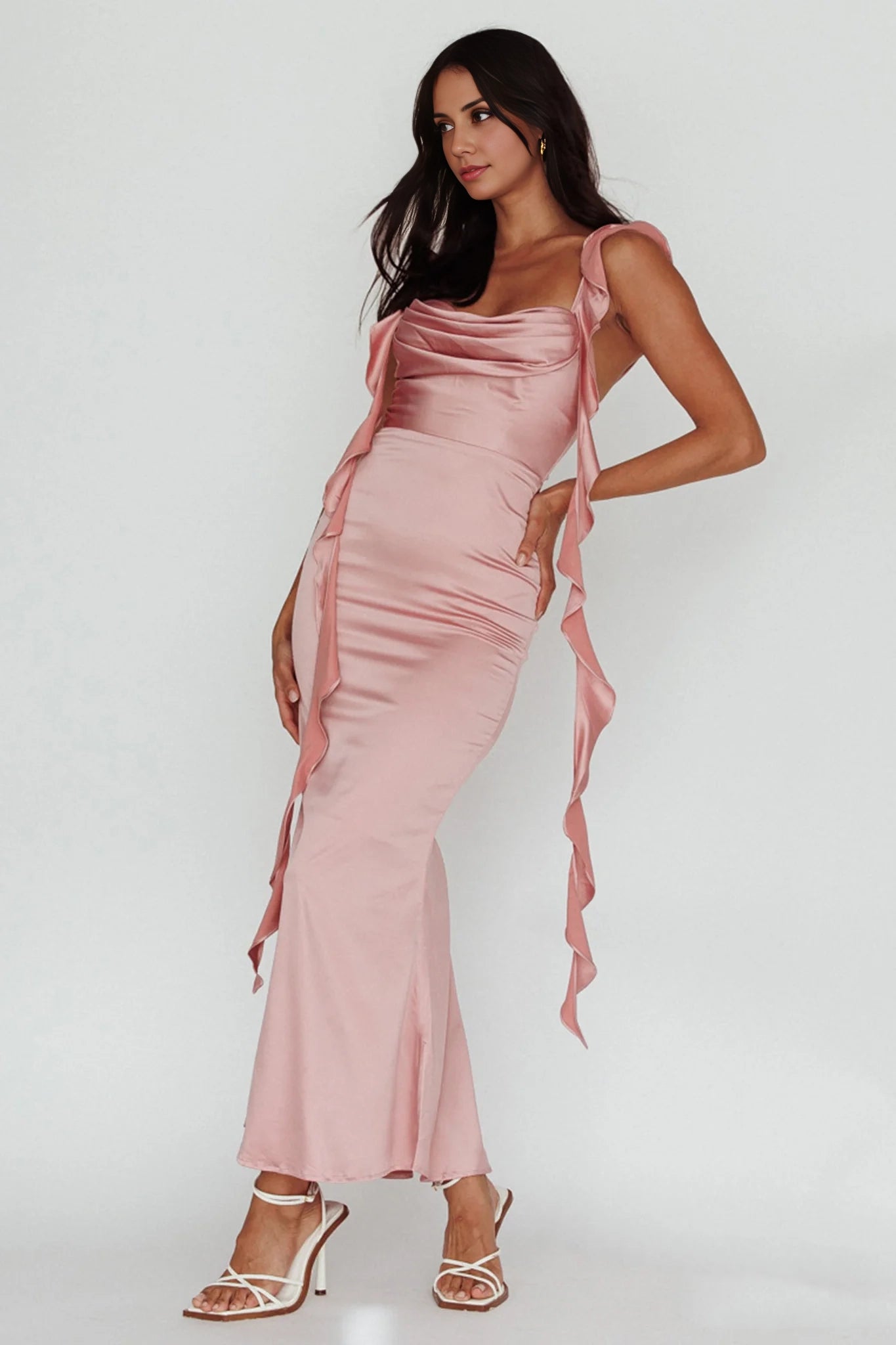 Gorgeous ruffled edges, chest pleat details, back zipper bridesmaid dress