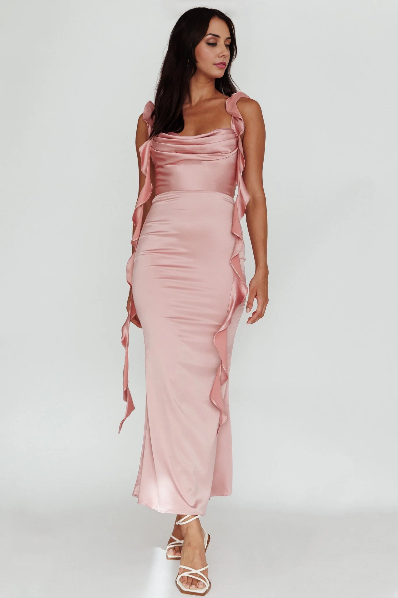 Gorgeous ruffled edges, chest pleat details, back zipper bridesmaid dress
