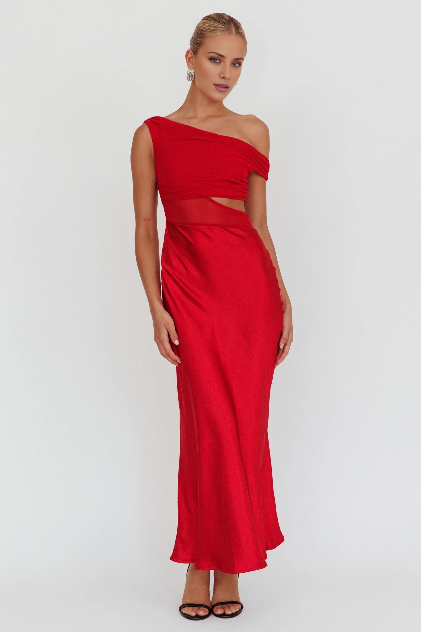 Gorgeous satin asymmetrical neckline oblique cut satin hollow tight corset bridesmaid dress