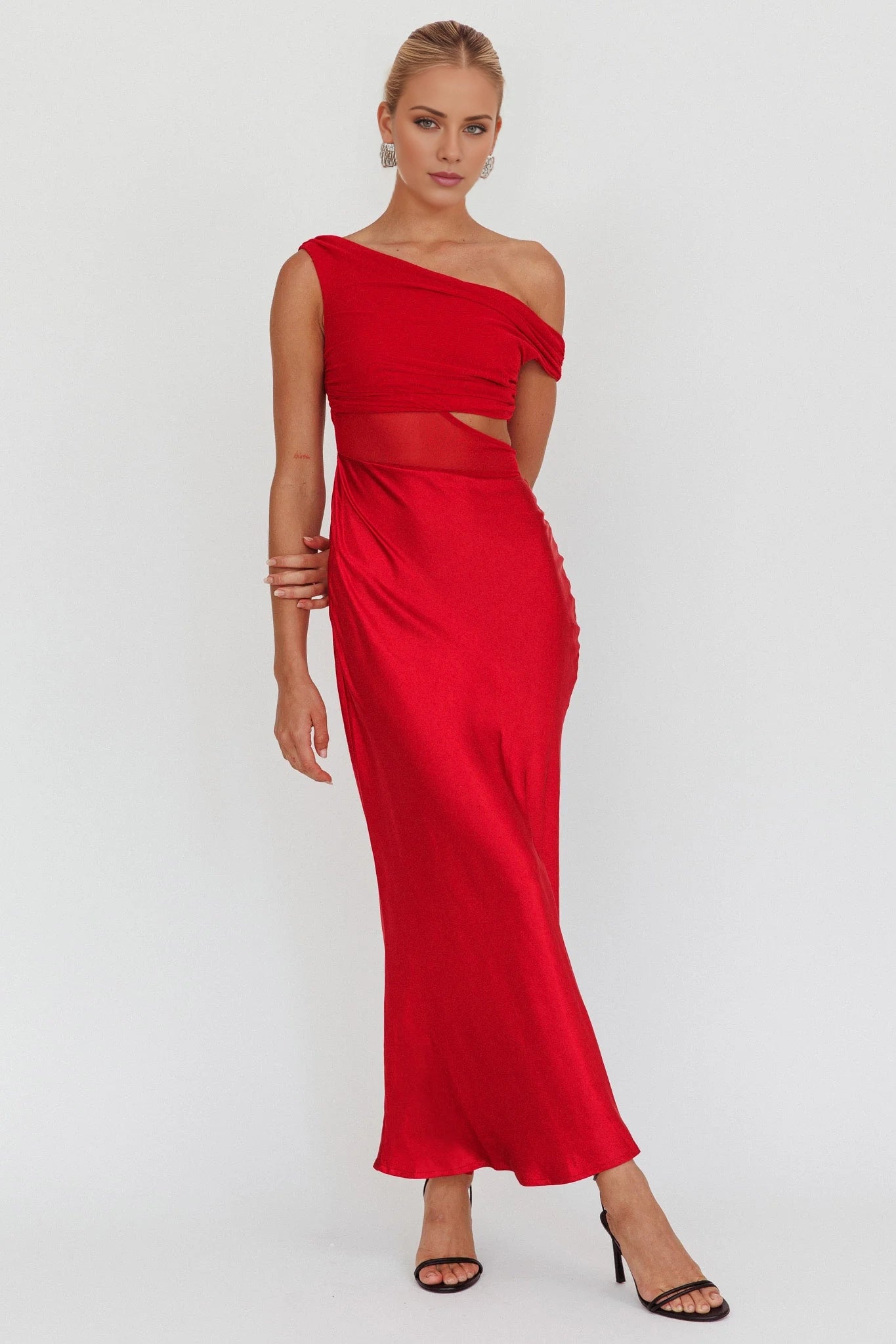 Gorgeous satin asymmetrical neckline oblique cut satin hollow tight corset bridesmaid dress