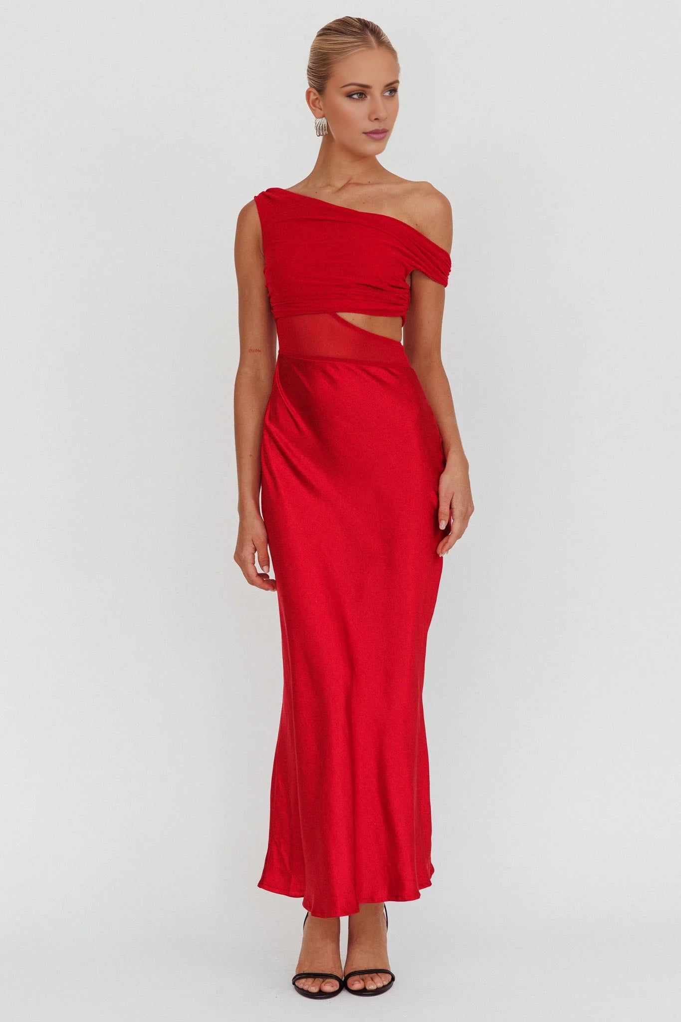 Gorgeous satin asymmetrical neckline oblique cut satin hollow tight corset bridesmaid dress