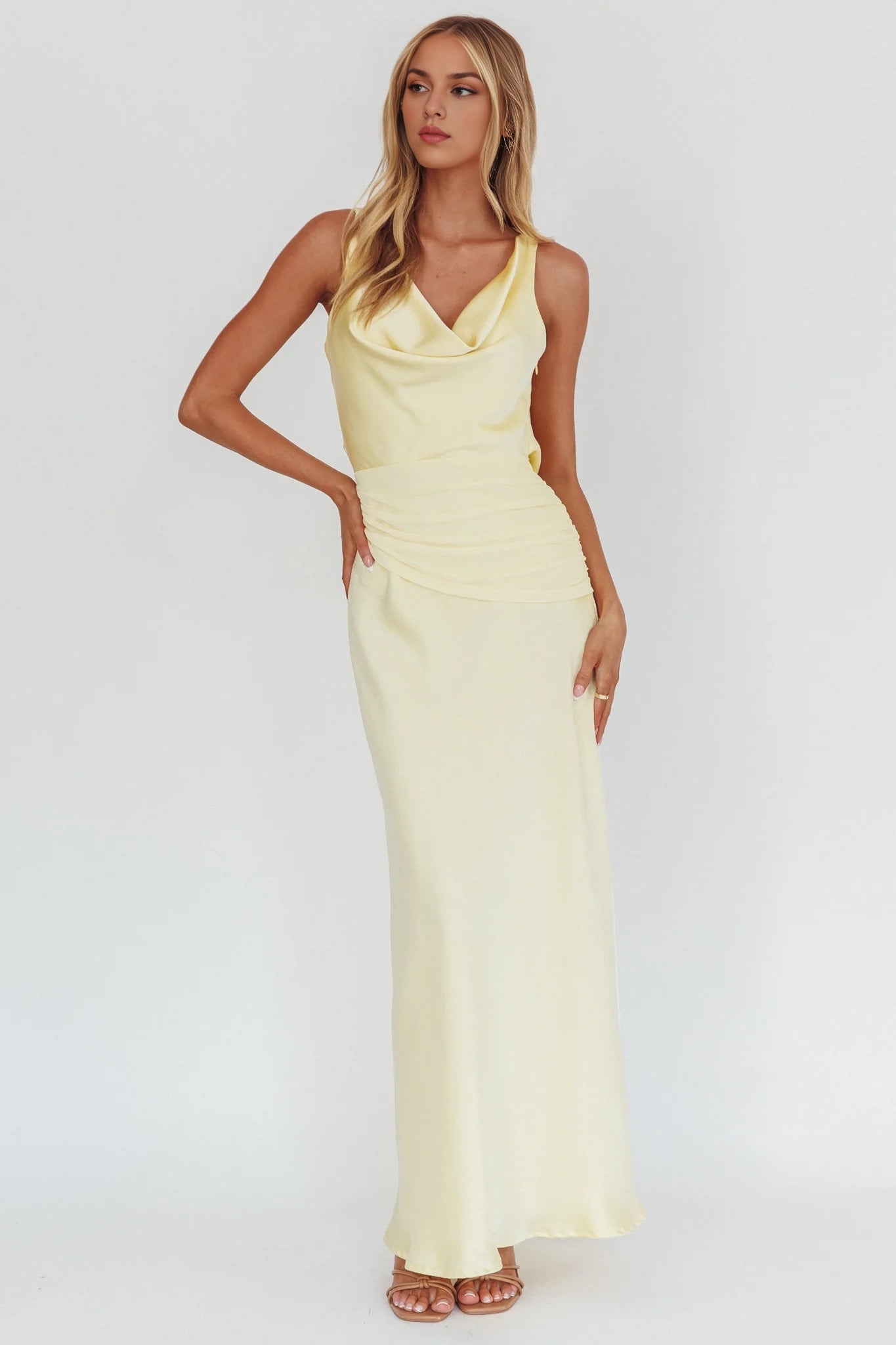 Gorgeous satin backless scarf collar backless lace up mesh details bridesmaid dress
