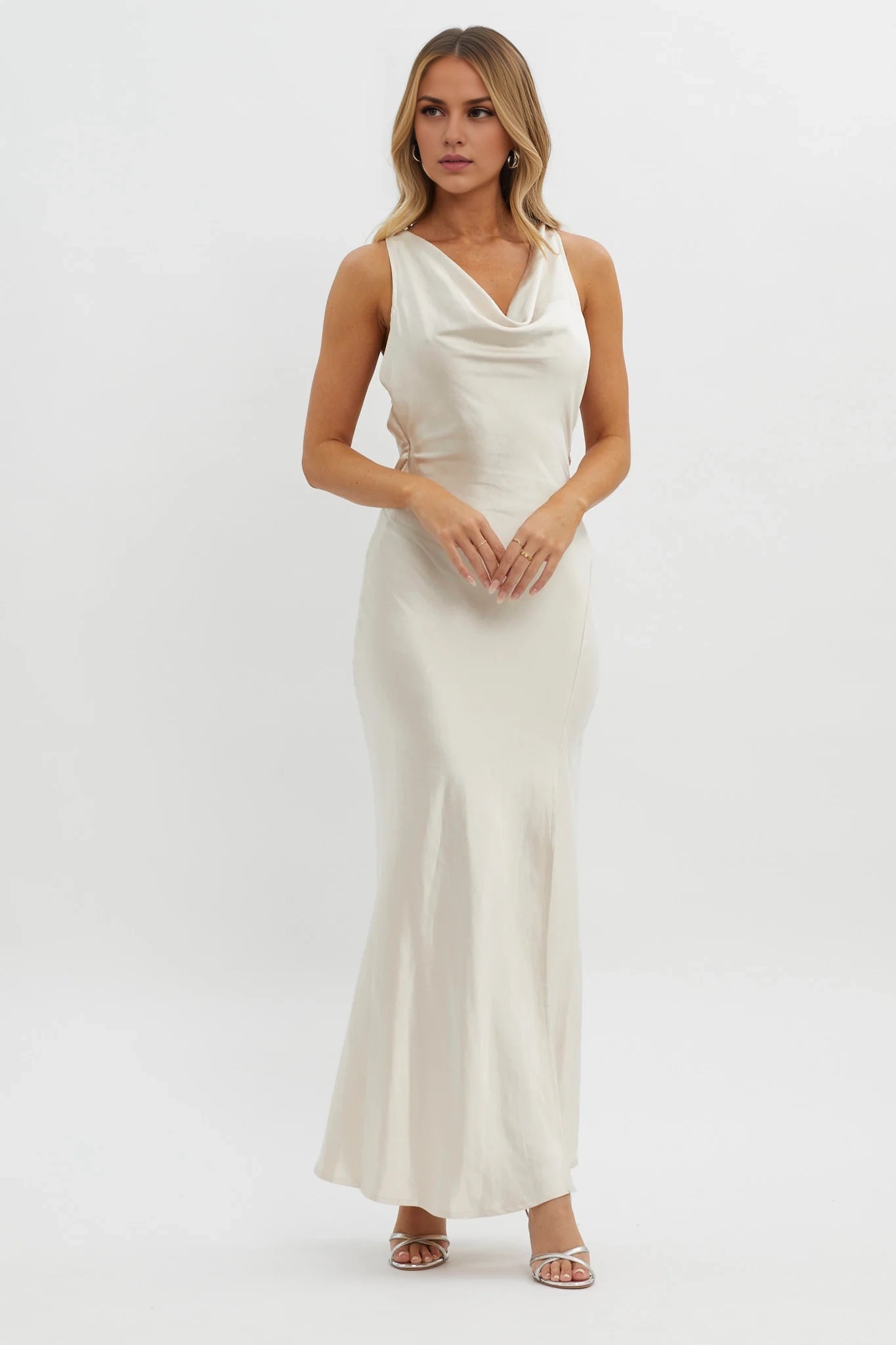 Gorgeous satin bib with adjustable shoulder straps, floral decals, high slit bridesmaid dress