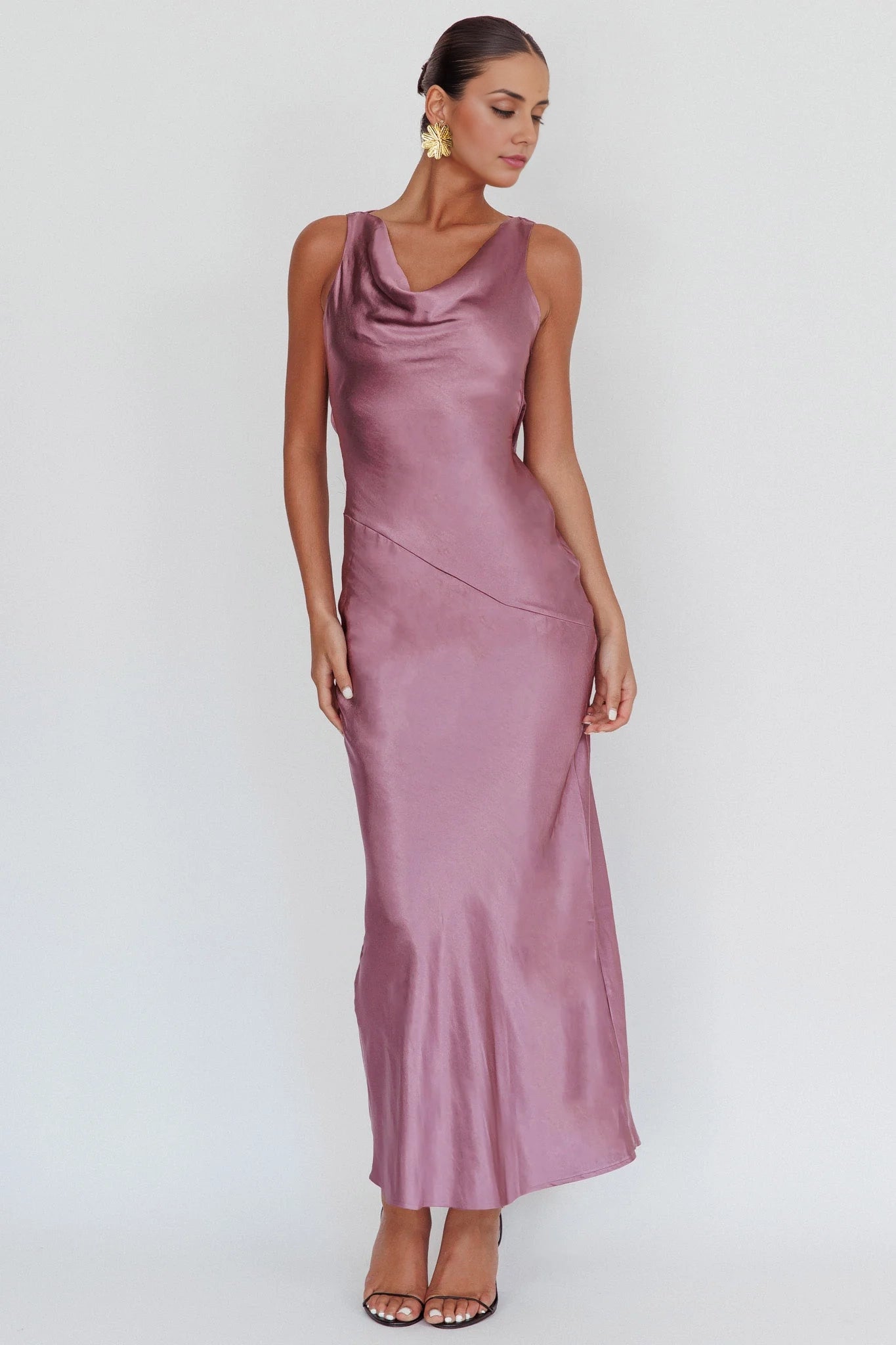 Gorgeous satin extra long scarf collar, backless lace up, invisible side zipper bridesmaid dress