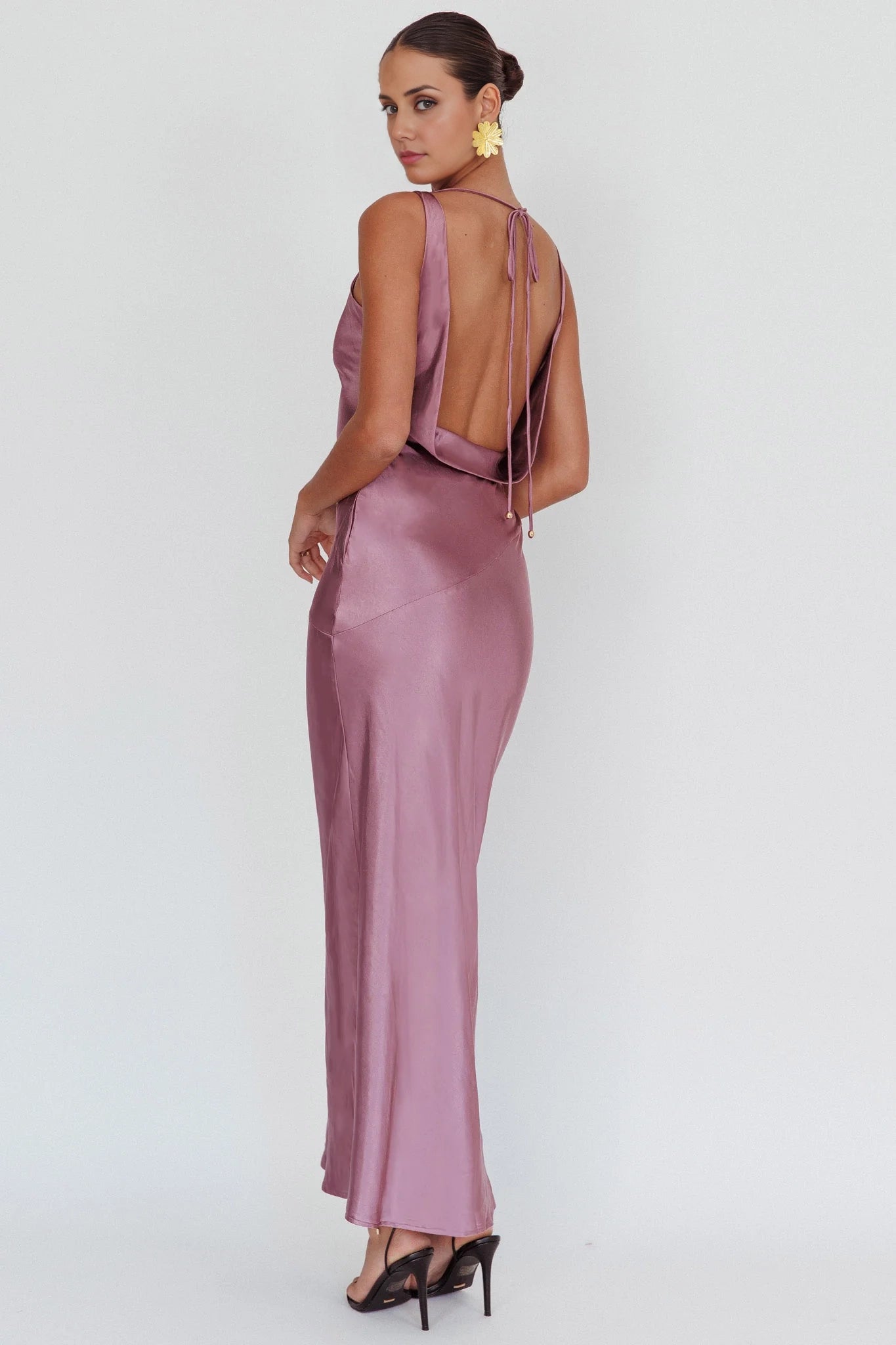 Gorgeous satin extra long scarf collar, backless lace up, invisible side zipper bridesmaid dress