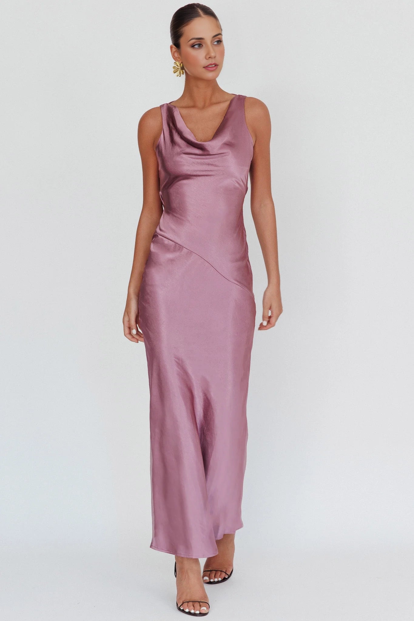 Gorgeous satin extra long scarf collar, backless lace up, invisible side zipper bridesmaid dress
