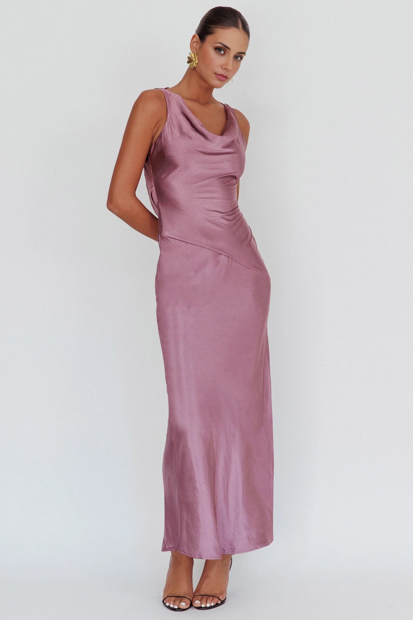 Gorgeous satin extra long scarf collar, backless lace up, invisible side zipper bridesmaid dress