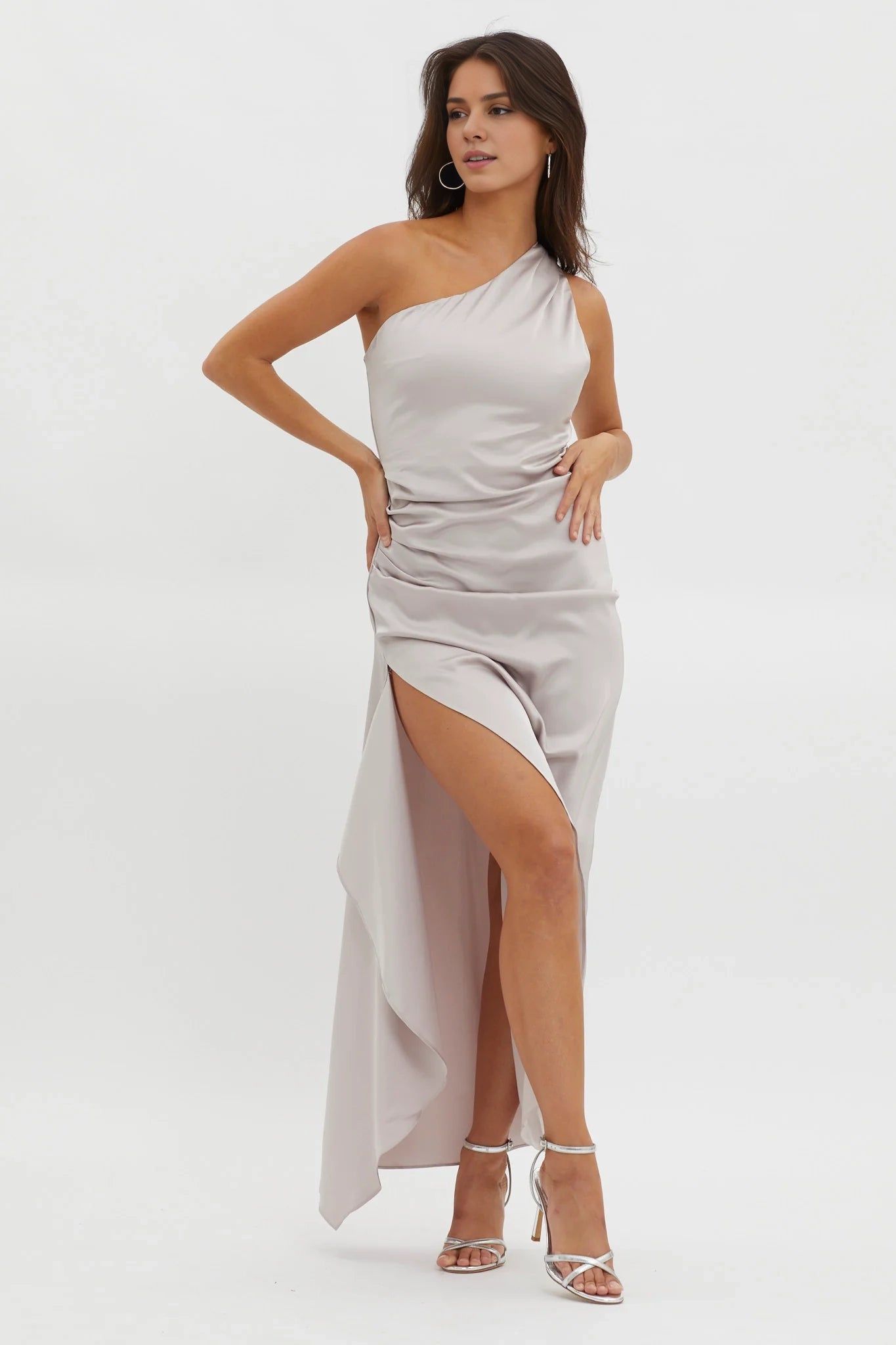 Gorgeous satin mid length half lined adjustable shoulder straps high slit bridesmaid dress