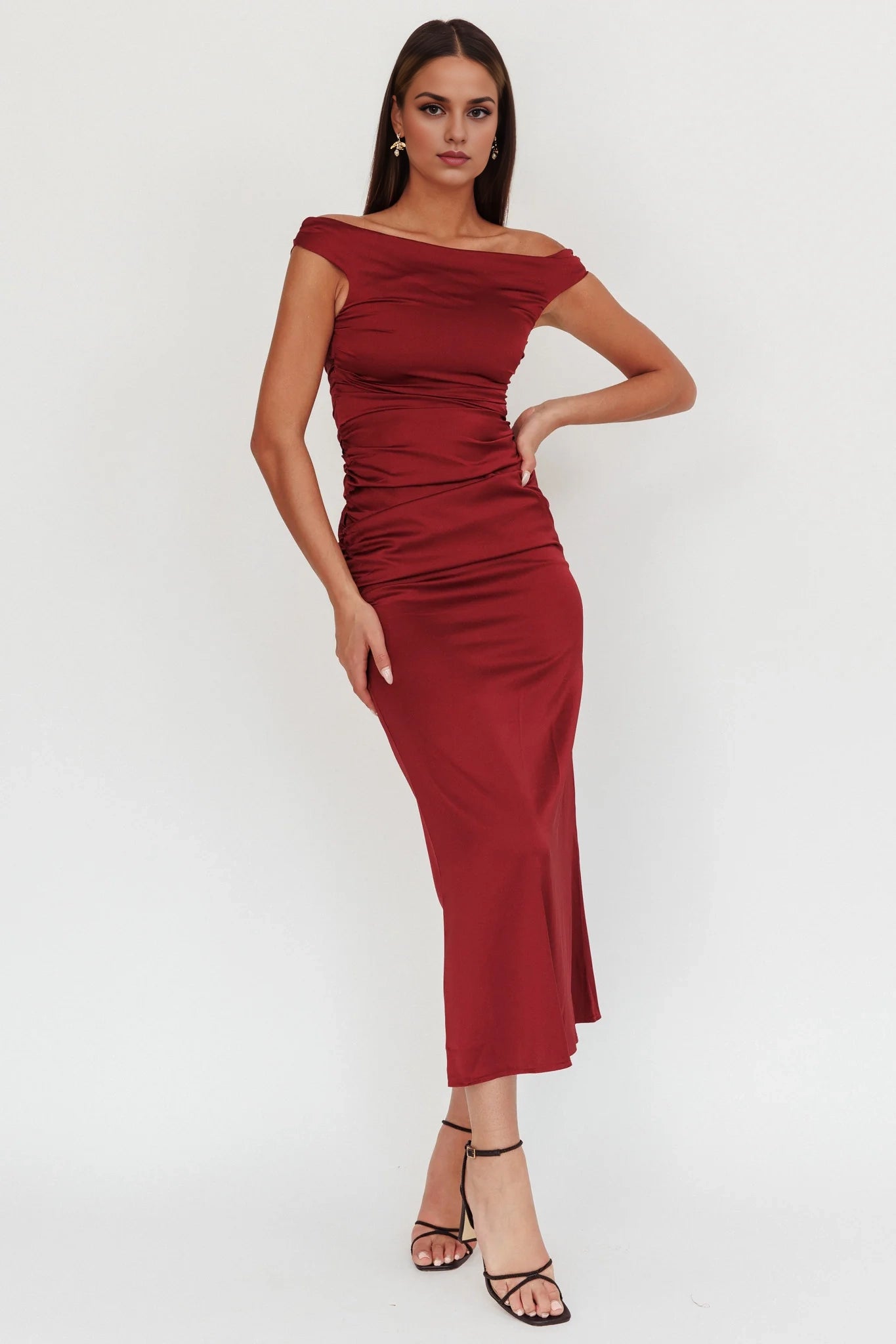 Gorgeous satin side detail side zipper off shoulder bridesmaid dress