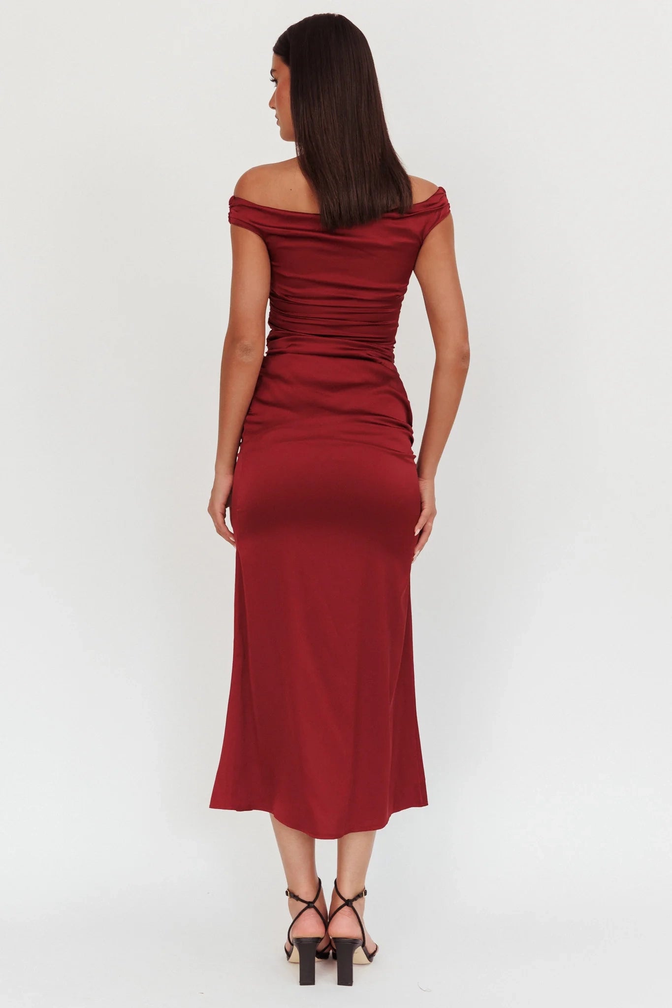 Gorgeous satin side detail side zipper off shoulder bridesmaid dress