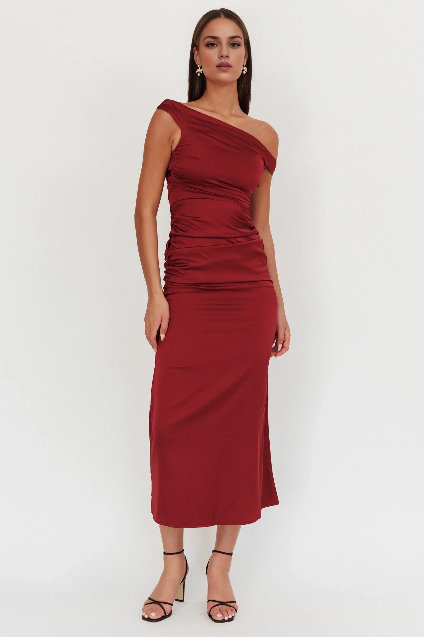 Gorgeous satin side detail side zipper off shoulder bridesmaid dress