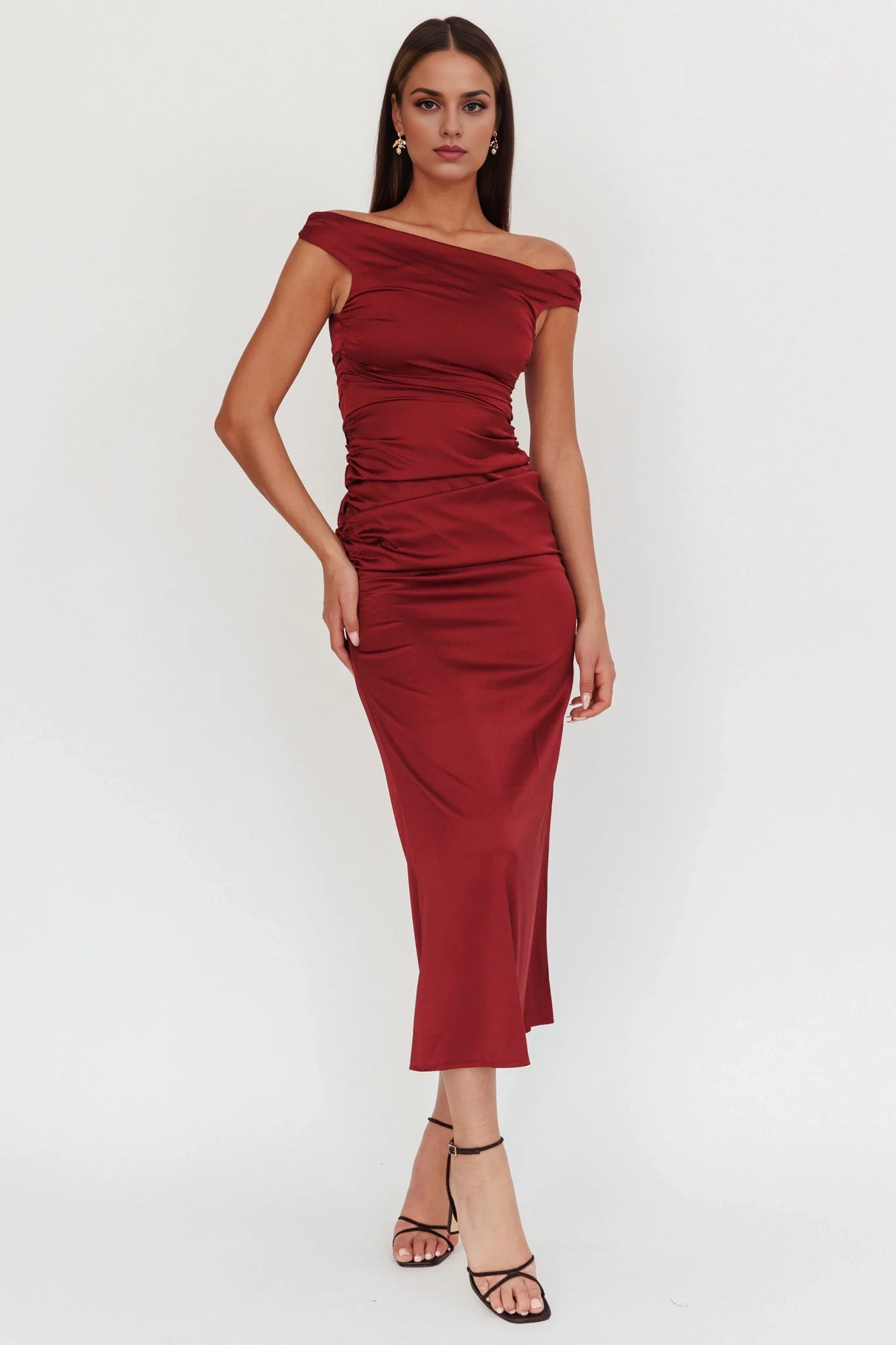 Gorgeous satin side detail side zipper off shoulder bridesmaid dress