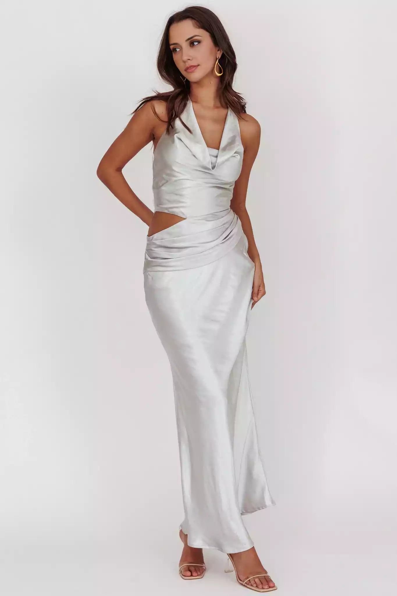 Gorgeous satin ultra long scarf style backless collar with hollowed out hanging texture invisible side zipper Prom Dresses
