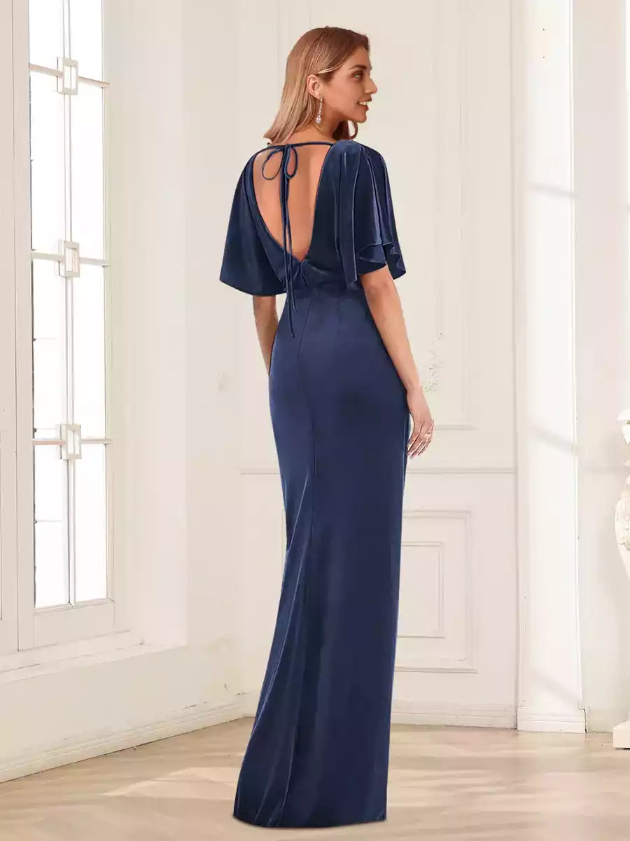 Gorgeous slim fit/straight V-neck short sleeved pleated Mother of the Bride Dresses