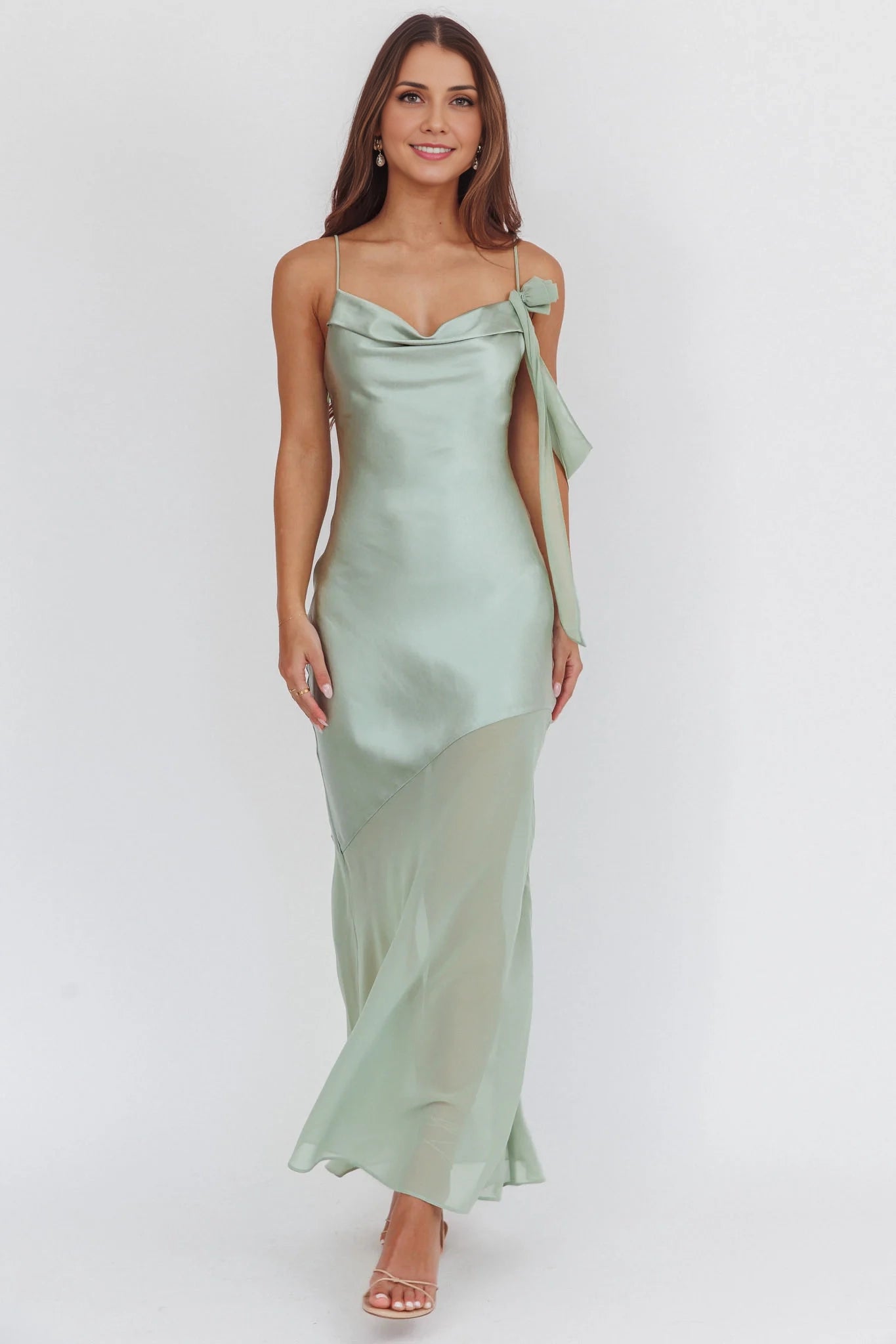 Gorgeous slim shoulder sleeveless satin slim fit chiffon hem bridesmaid dress