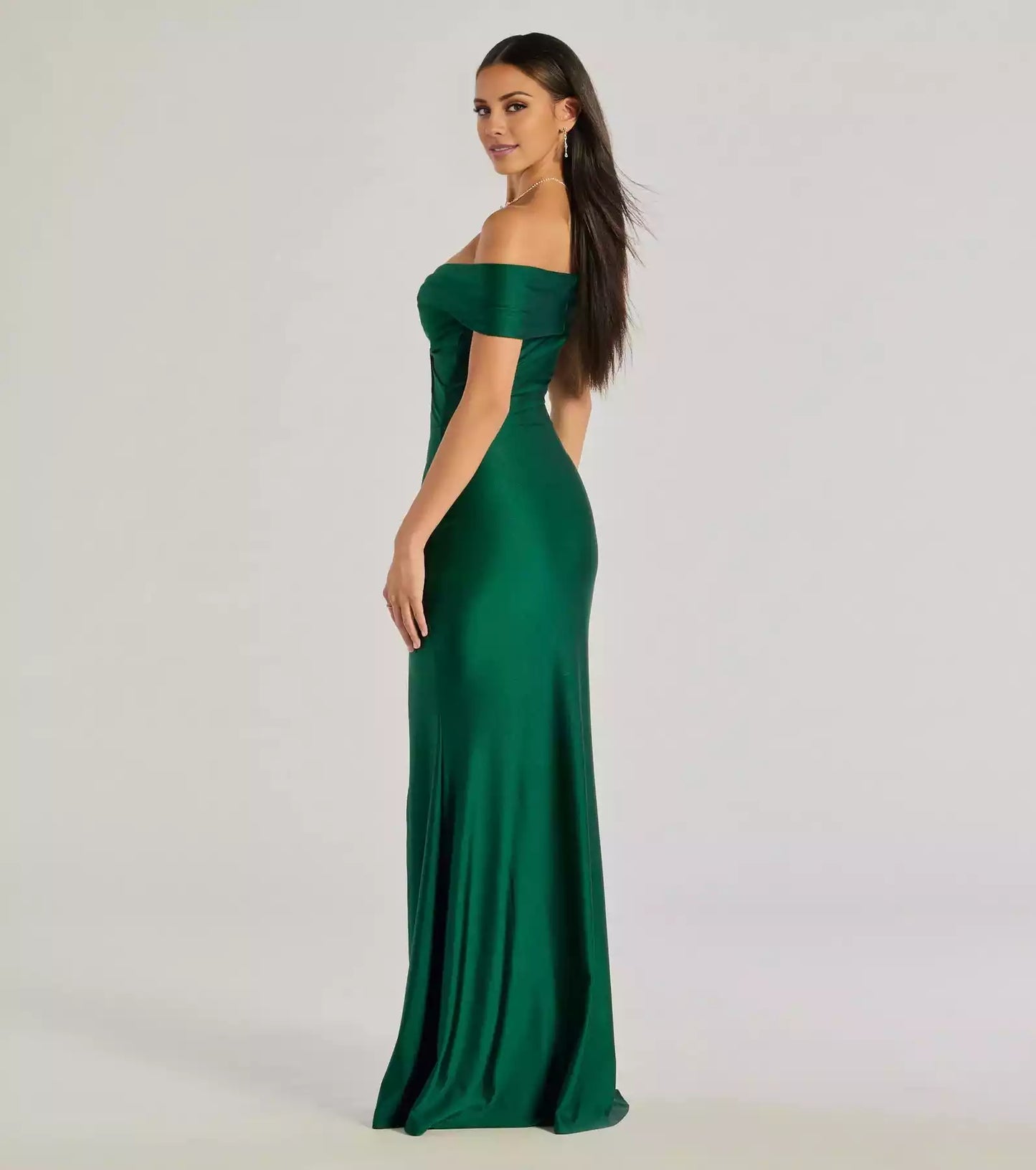 Gorgeous smooth knit off shoulder heart-shaped twisted neckline with high slit mermaid and floor Prom Dresses