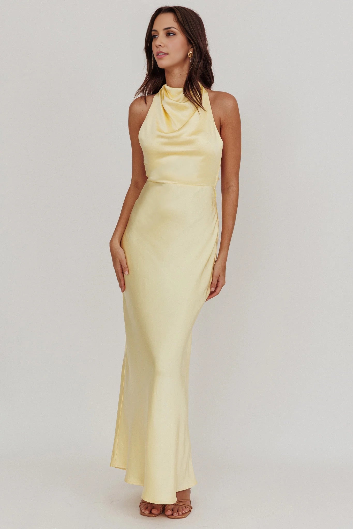 Gorgeous unlined high hanging neck backless side zipper bridesmaid dress