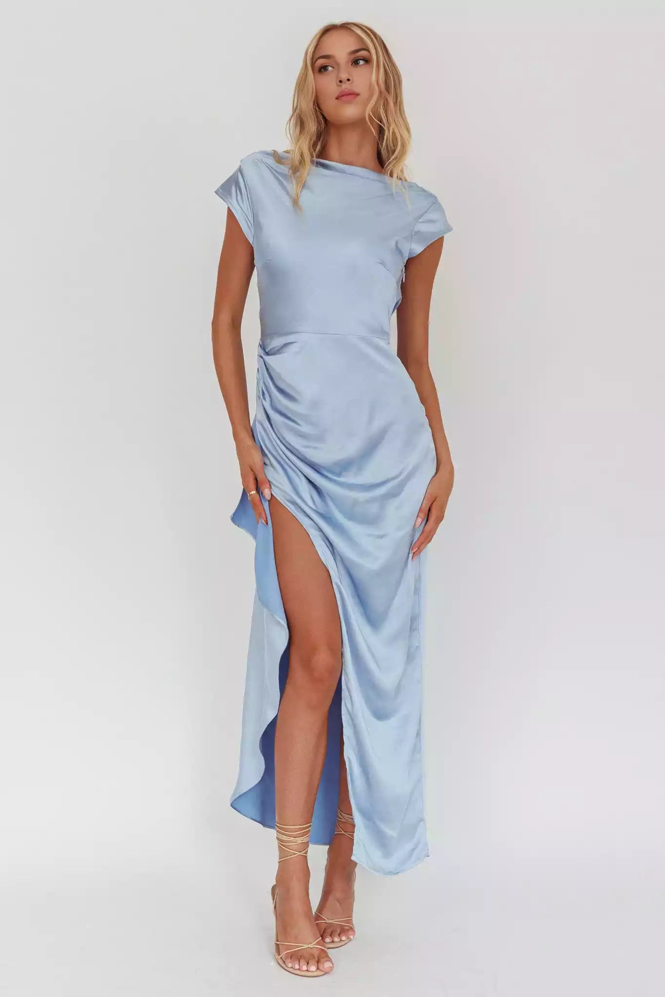Gorgeous unlined side zipper side slit satin scarf collar Bridesmaid Dresses