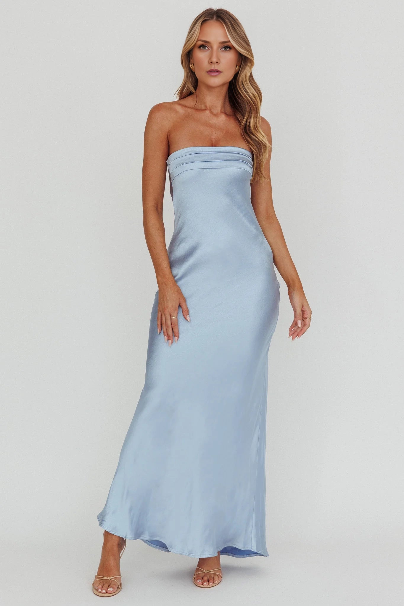 Gorgeous unlined strapless pleated detail revealing suspender bridesmaid dress