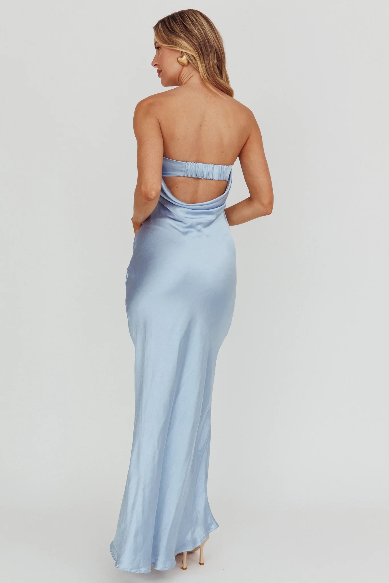 Gorgeous unlined strapless pleated detail revealing suspender bridesmaid dress