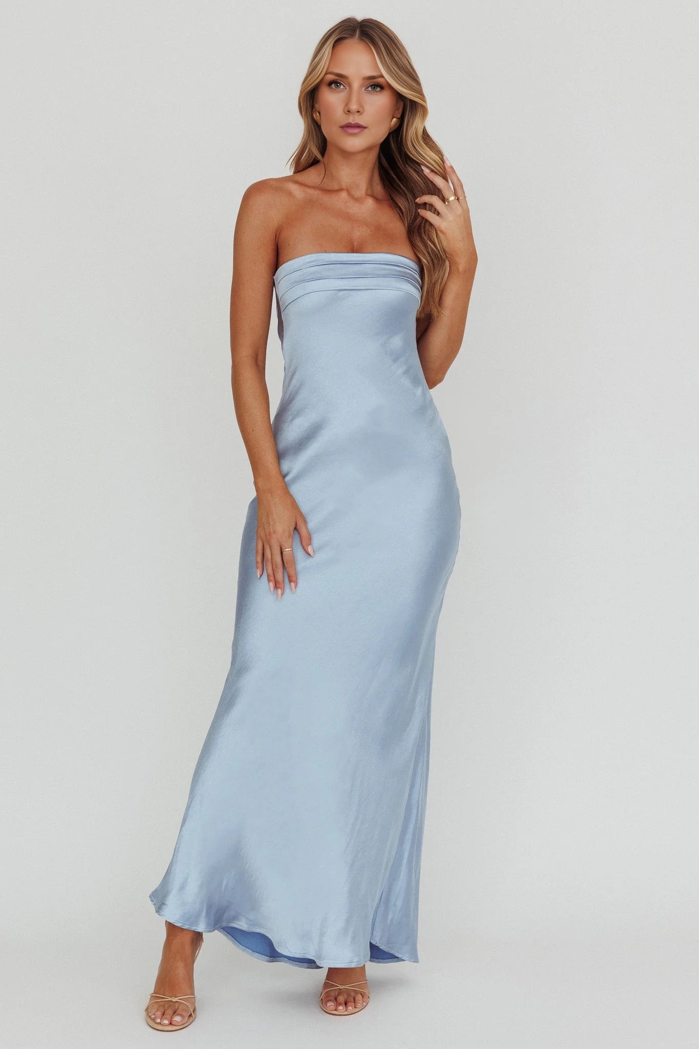 Gorgeous unlined strapless pleated detail revealing suspender bridesmaid dress